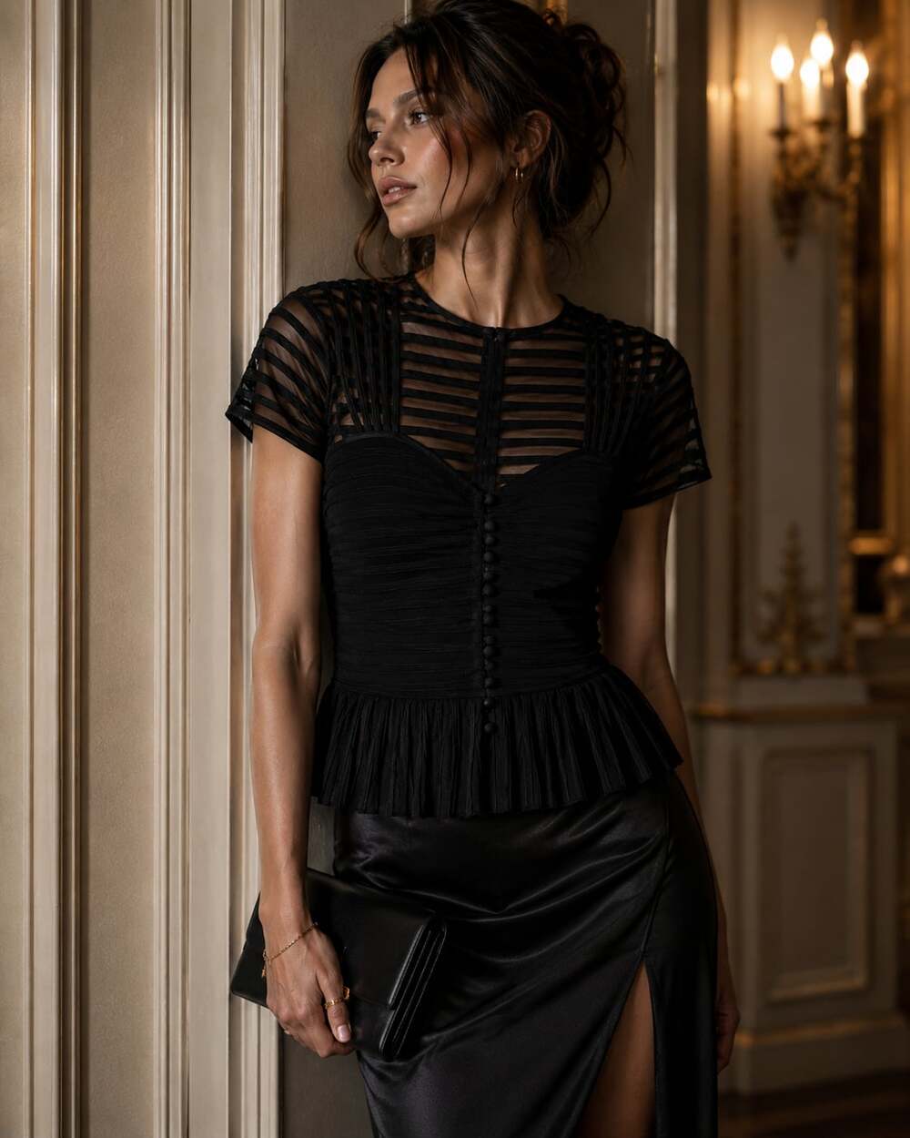 Victor Costa Black Sheer Mesh Ribbon Stripe Peplum Top Gala Y2K Size 4